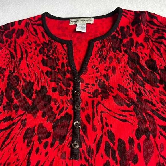 Women’s Sz 1X Red Leopard Print Sweater Deep V-Neck 3/4 Sleeve Lightweight - Picture 2 of 9